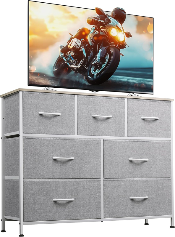7 Drawer TV Stand Dresser Light Grey Metal Frame Wood Top Storage Chest7