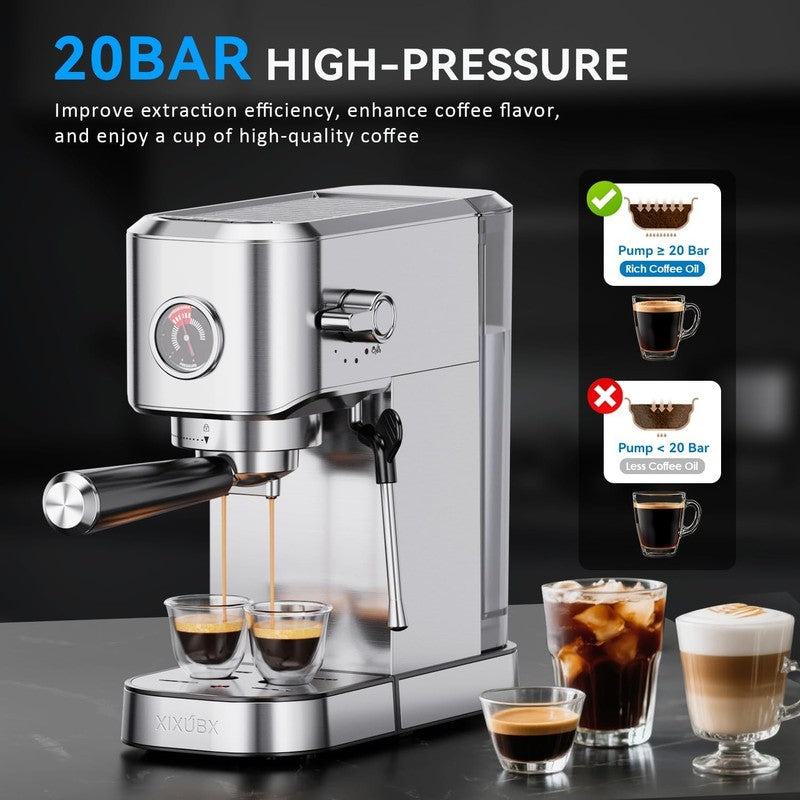 20 Bar Espresso Machine with Milk Frother 42oz Silver Stainless Steel1