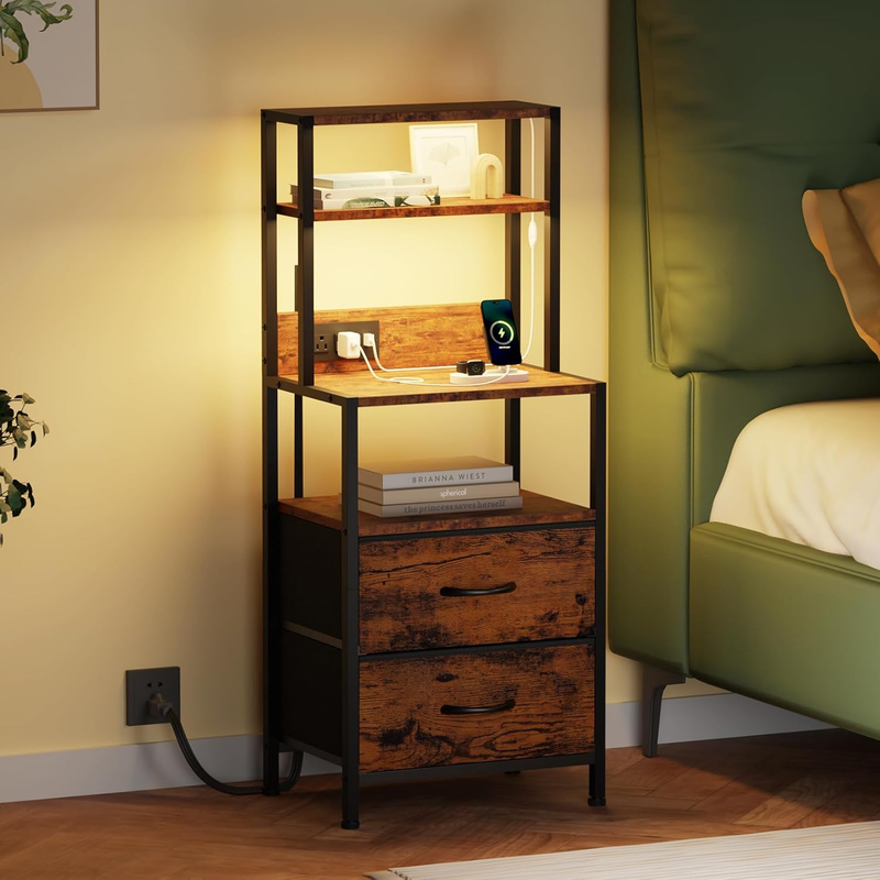 Tall Nightstand 4 Tier w/ 2 Fabric Drawers & Charging Station Rustic Brown8