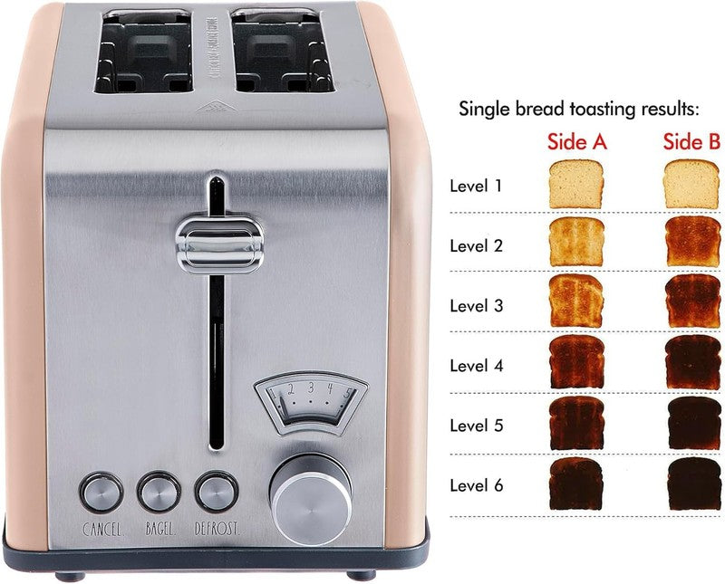 Stainless Steel 2 Slice Toaster Wide Slot 5 Browning Bagel Defrost Cancel Blush1