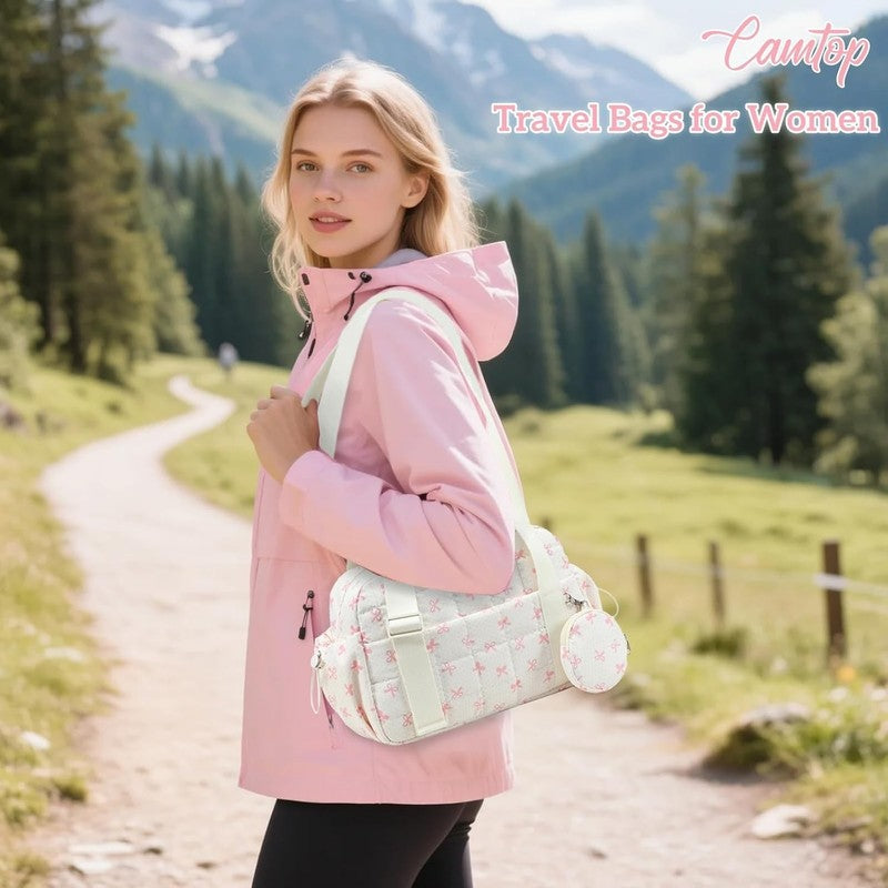 Mini Gym Bag Women Quilted Duffel Wet Compartment Coin Purse Beige Pink Bow1