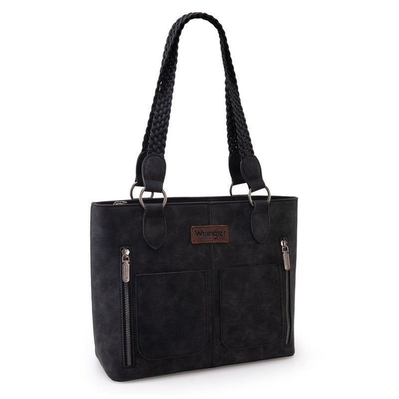 Wrangler Distressed Tote Bag Women Western Purse Multi Pocket Shoulder Bag Black1