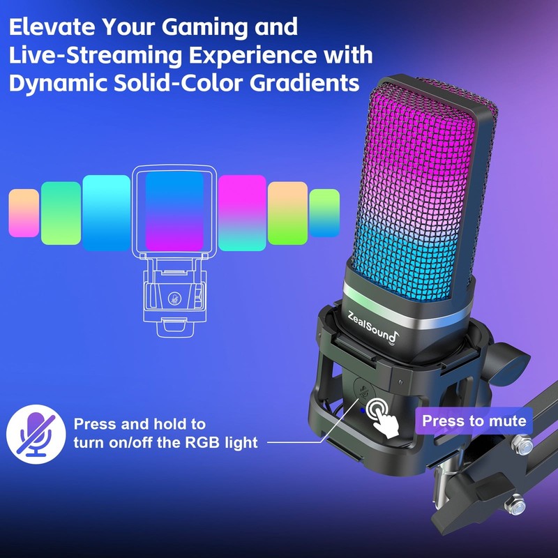 Gaming USB Microphone RGB Noise Cancel Mute Gain Boom Arm Pop Filter PC Podcast3