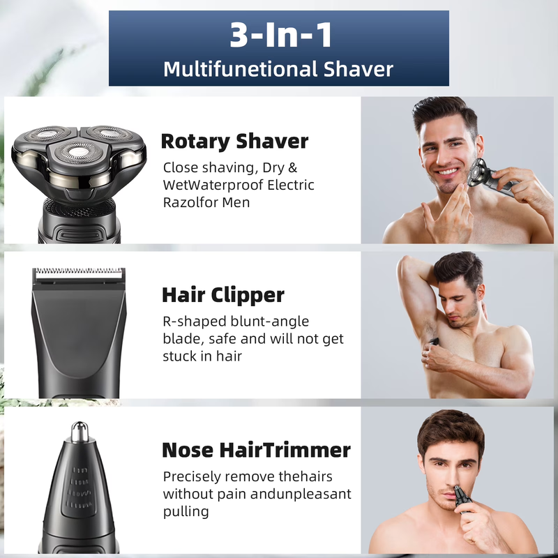 3 in 1 Electric Razor for Men Rechargeable Wet Dry Shaver Nose Trimmer Kit4