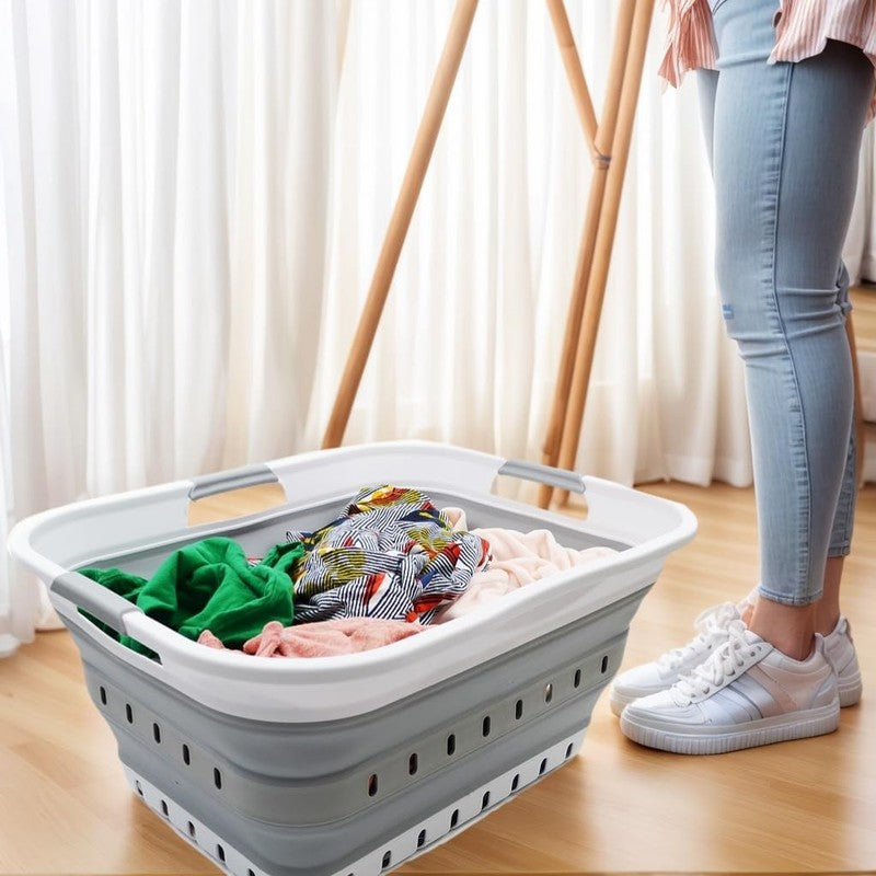 42L (11 Gal) Collapsible Plastic Laundry Basket White/Grey Foldable Hamper6