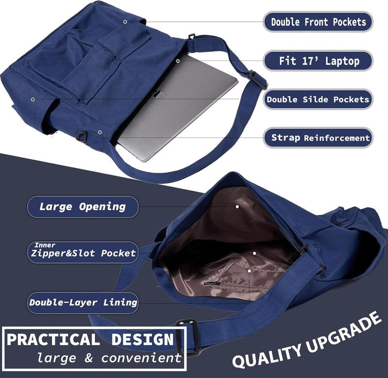 Canvas Messenger Bag Large Hobo Crossbody Multiple Pockets Shoulder Tote Unisex4