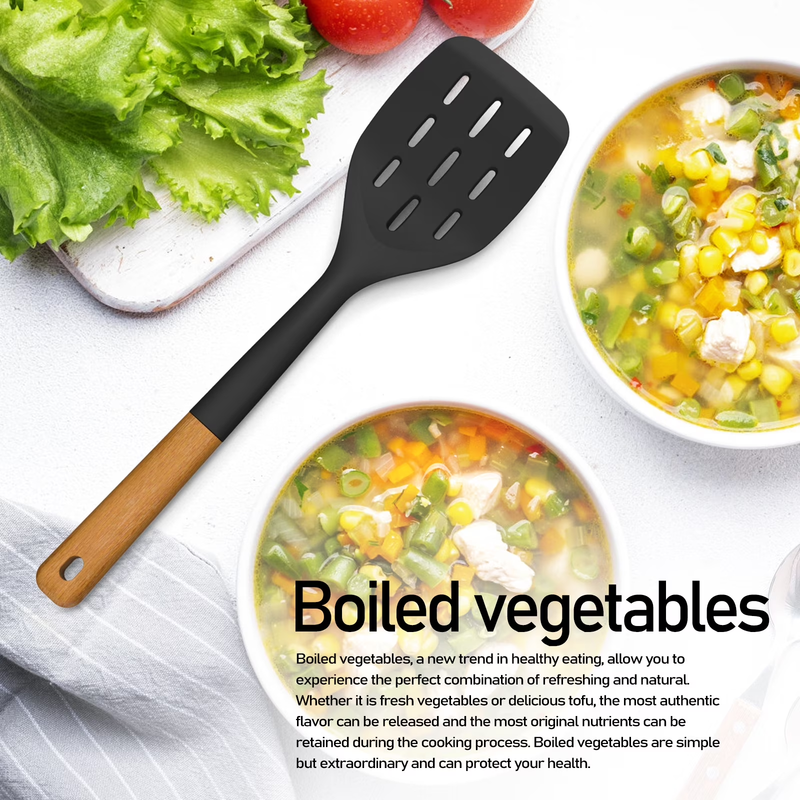 Large Silicone Kitchen Utensil Set Wooden Handle Heat Resistant Black7