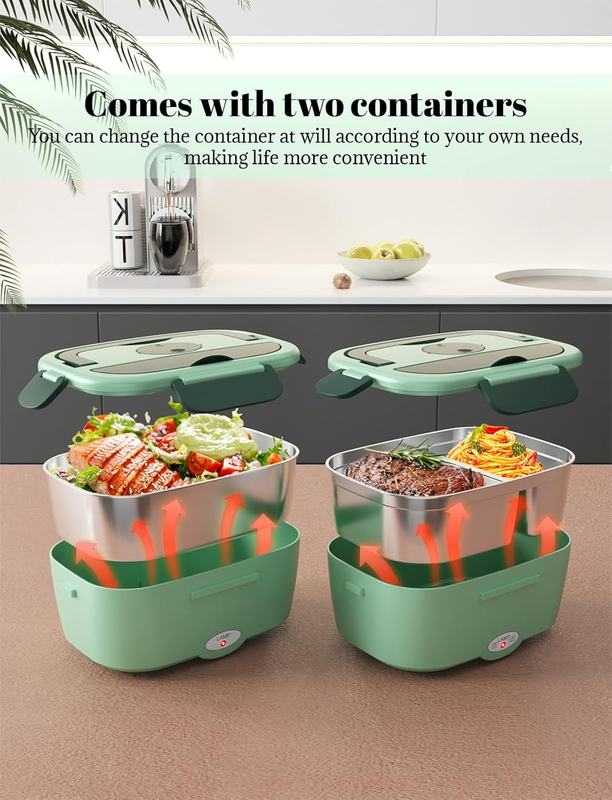 Electric Lunch Box Fast Heating Portable Food Warmer 2x53oz Stainless Steel2