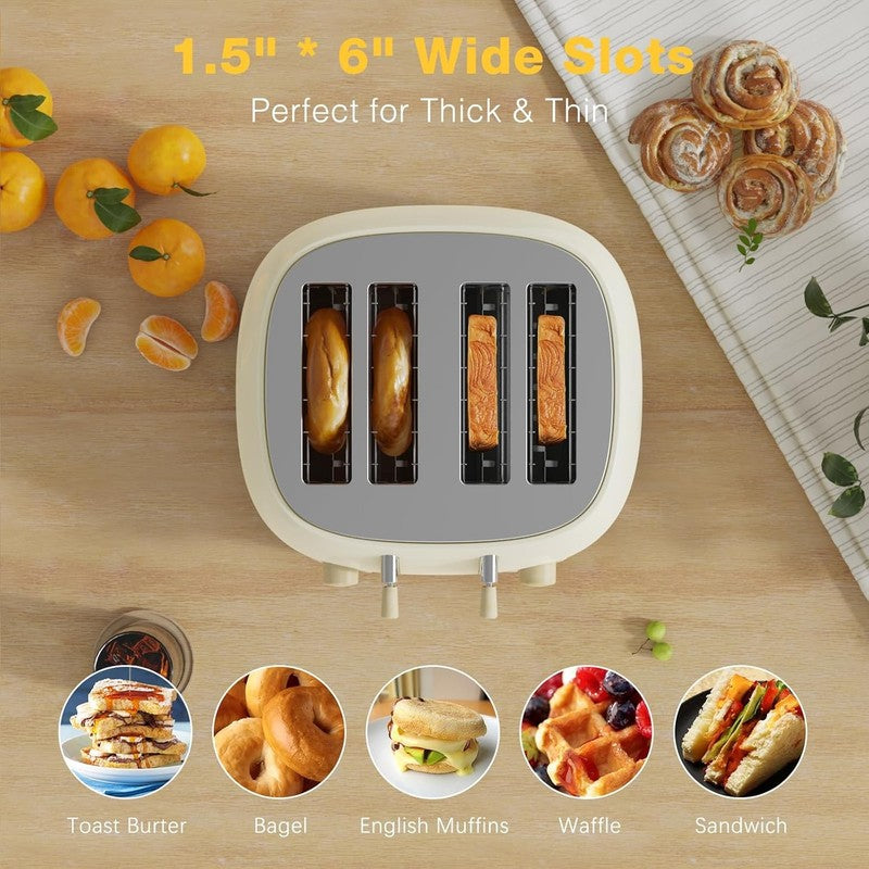 Retro 4 Slice Toaster Stainless Steel Extra Wide Slots Dual Control Bagel Beige2