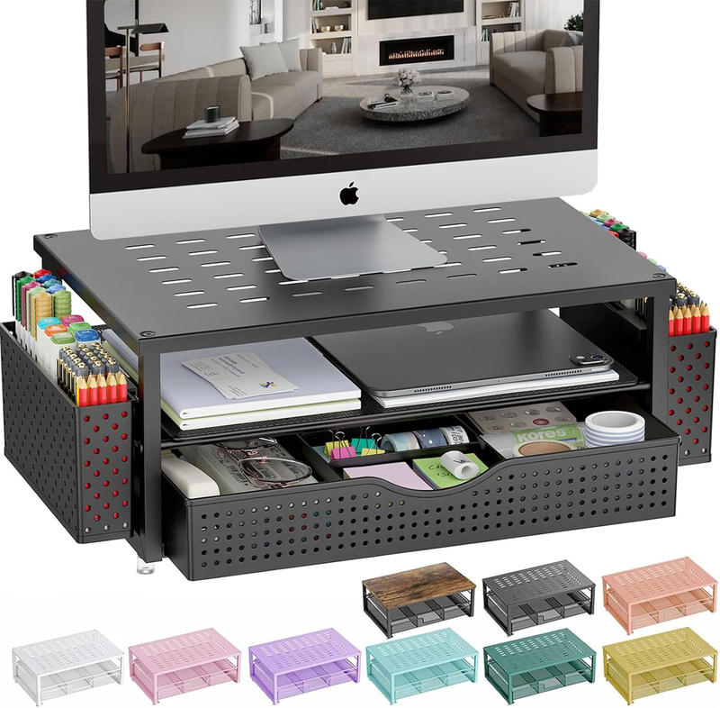 Stylish Black Desk Organizer with Monitor Stand, Drawer & 2 Pen Holders9