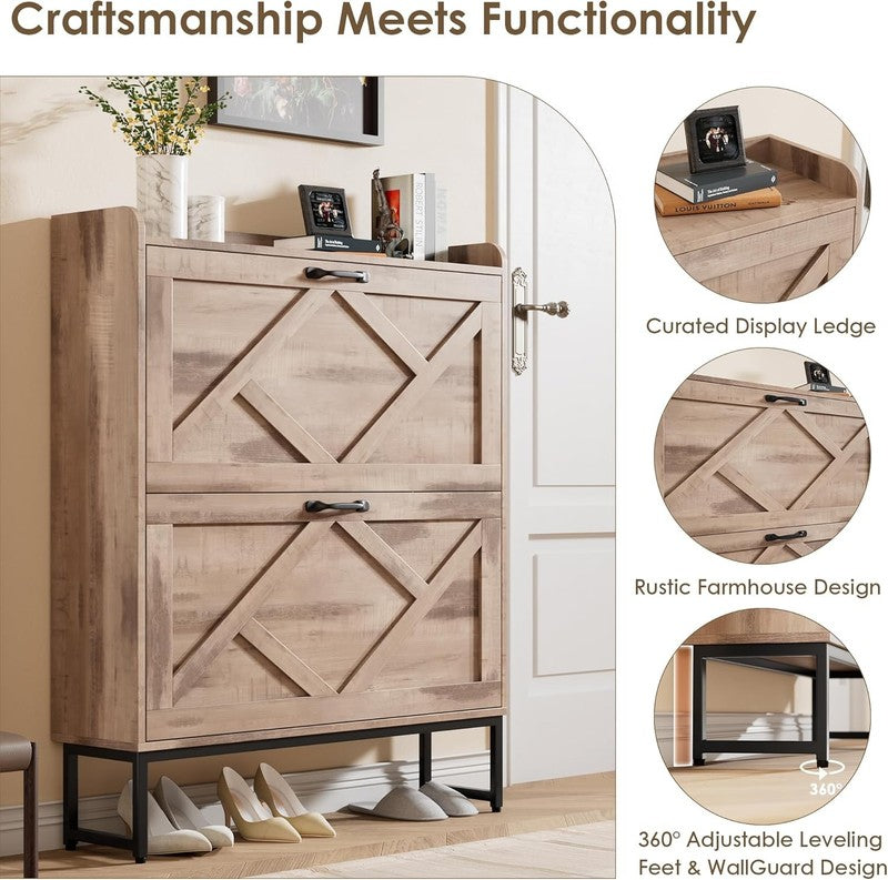 Shoe Cabinet 2 Flip Drawers Freestanding Slim Farmhouse Entryway Toasted Oak4