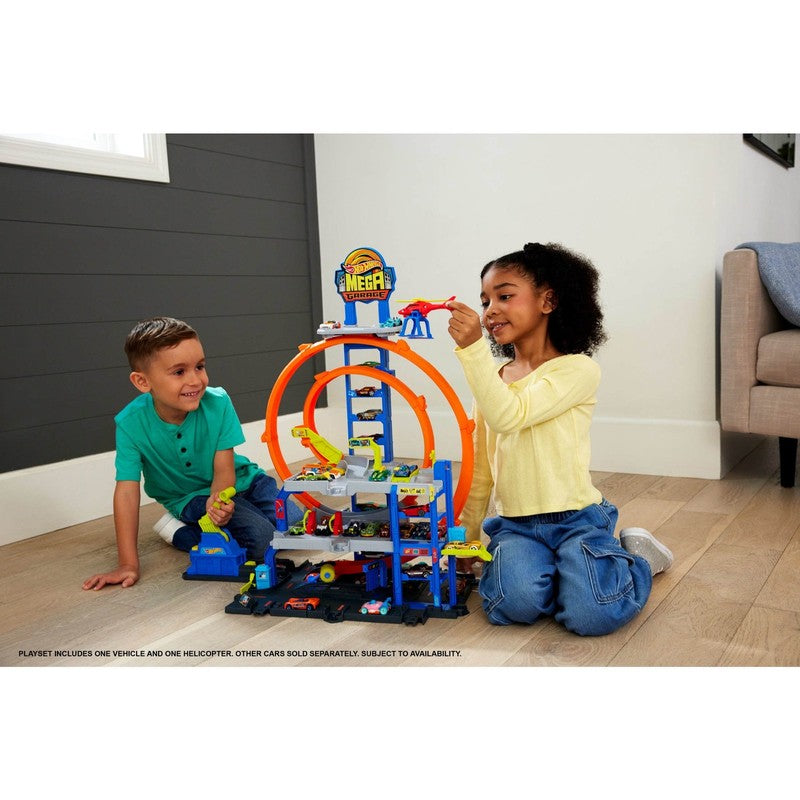 Mega Loop Garage Playset – 1:64 Scale Die-Cast Car & Toy Helicopter Set1