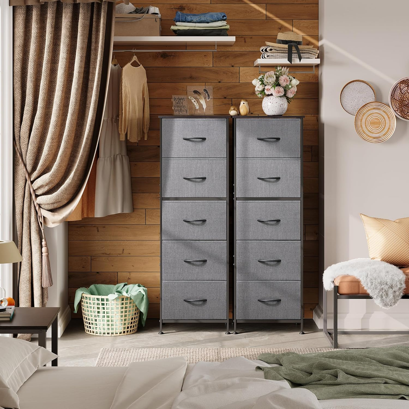 5 Drawer Fabric Dresser Storage Tower Steel Frame Wood Top Dark Grey3