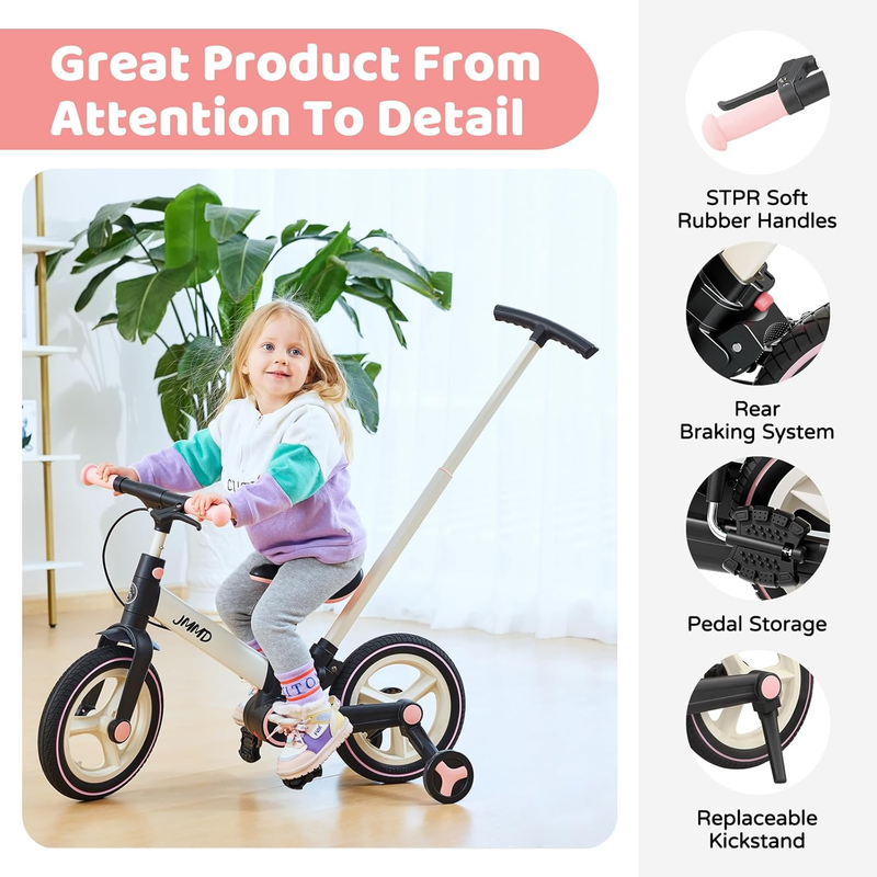 6-in-1 Toddler Bike 12" Balance Bike Push Handle Training Wheels Kids4