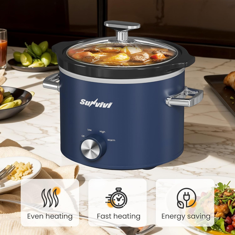 2Qt Slow Cooker Small Removable Ceramic 3-Setting Blue Food Warmer1