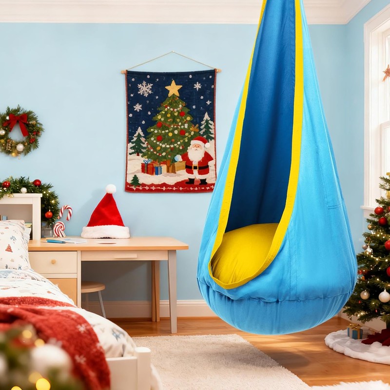 Kids Pod Swing Seat Hanging Hammock Chair Sensory Indoor Outdoor Blue Yellow1