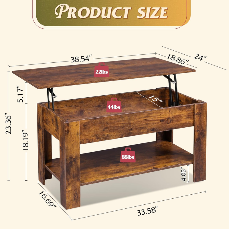 39" Lift-Top Coffee Table with Storage Shelf Rustic Brown2