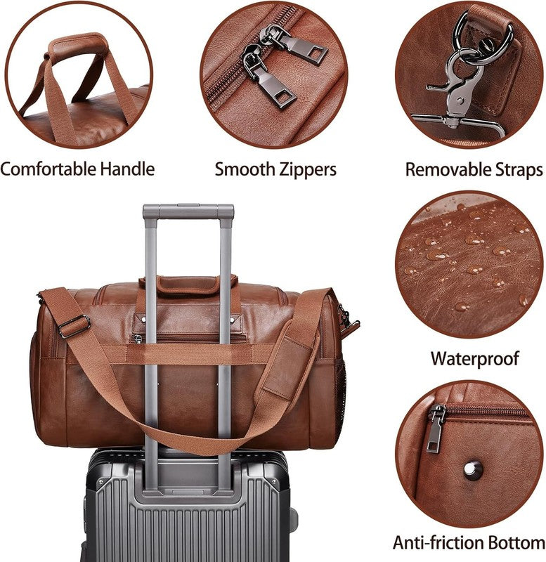 Leather Travel Duffle Bag Waterproof Weekender Shoe Compartment Gym Travel Bag2
