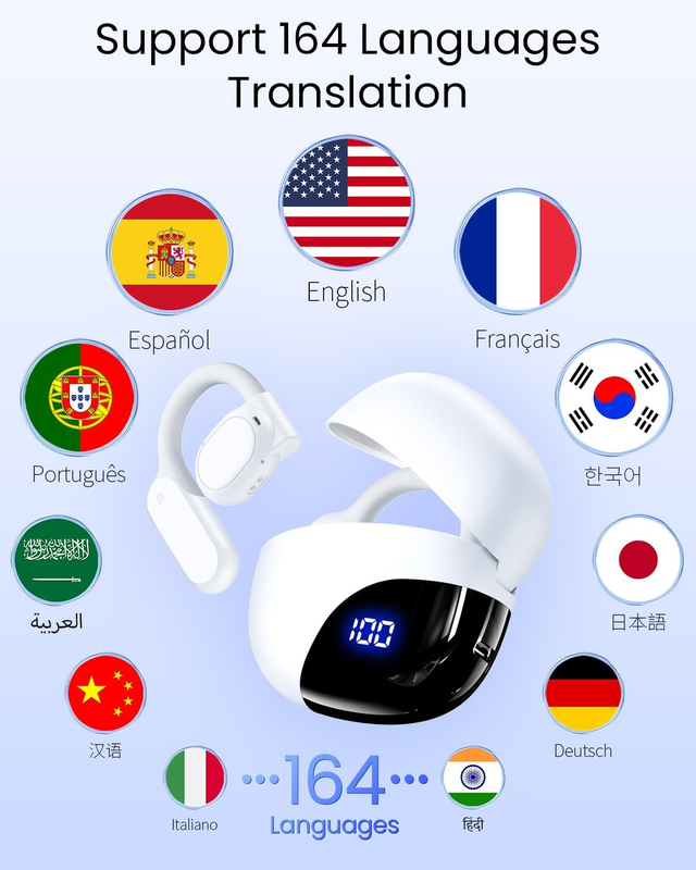 AI Translator Earbuds 164 Languages Bluetooth 80H Playtime White K081