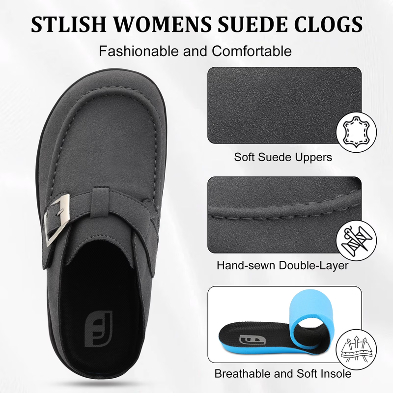 Women's Wide Suede Clogs Adjustable Buckle Comfort Mules4
