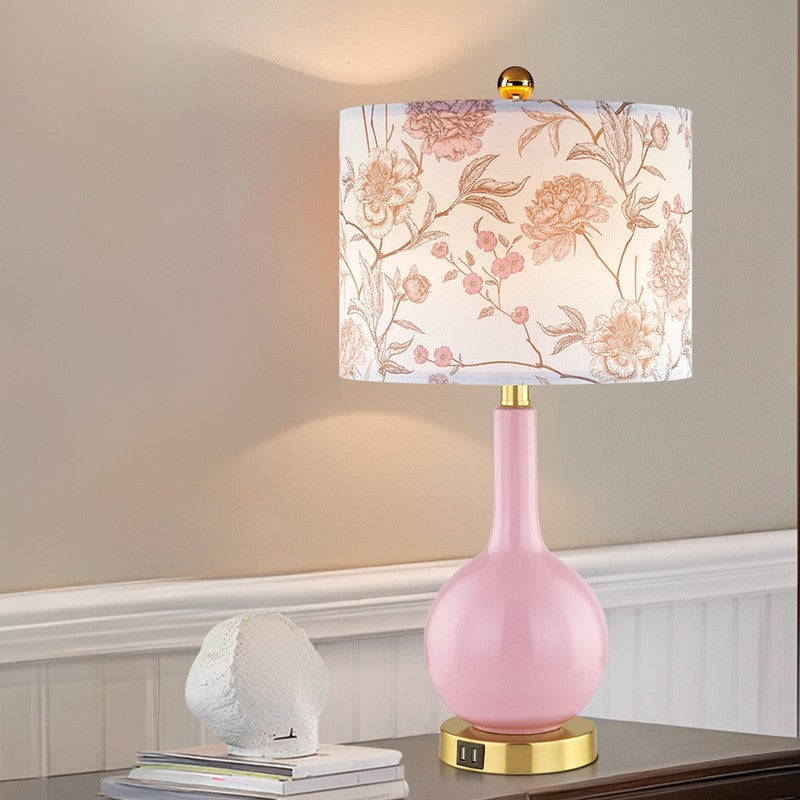 Pink Ceramic Touch Control Table Lamp with USB Ports - 24" Floral Shade1