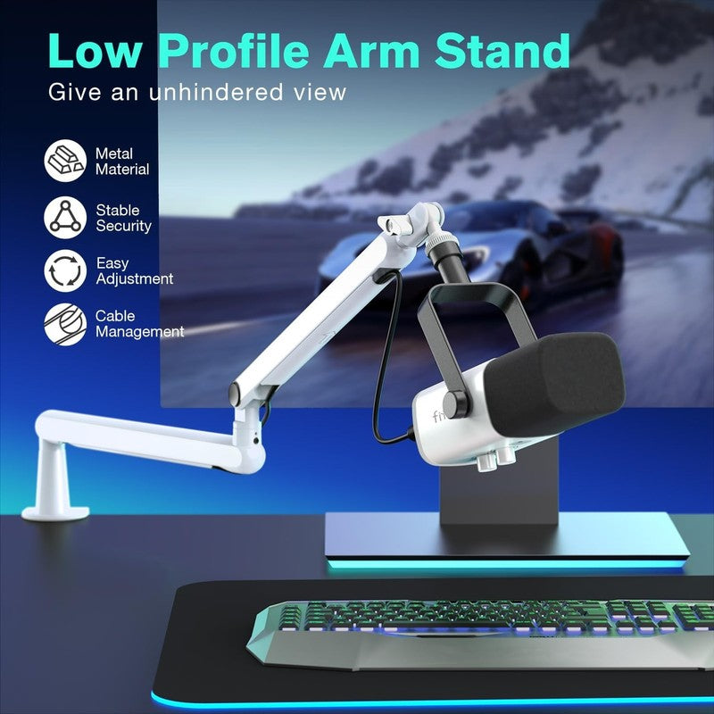 Low Profile White Boom Arm Mic Stand with Desk Clamp & Cable for Recording1