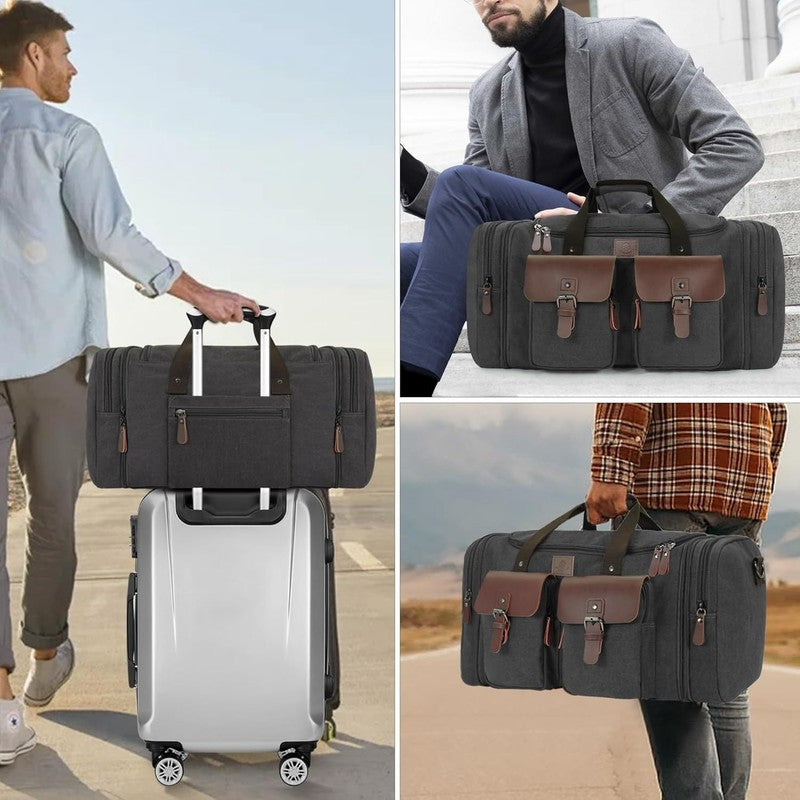 50L Canvas Travel Duffle Bag Expandable Leather Overnight Carry On Black7