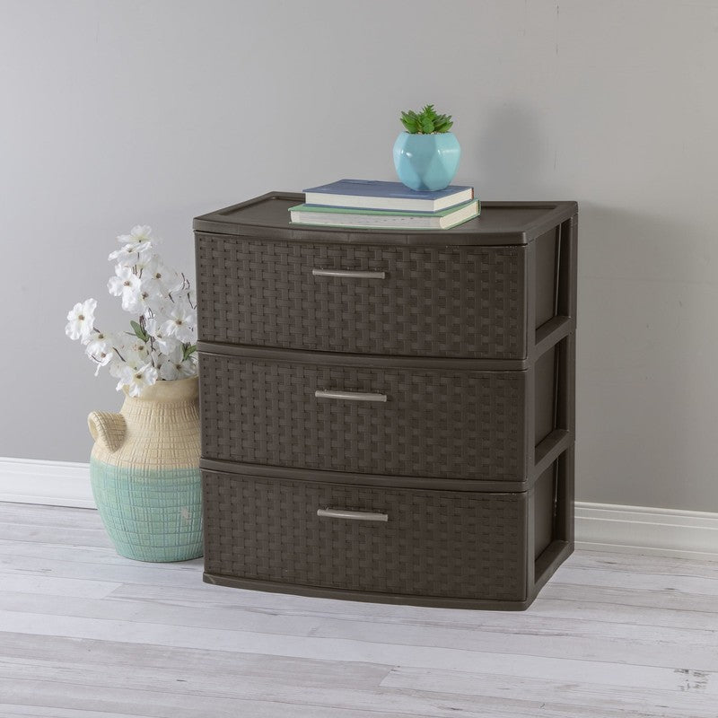 3 Drawer Wide Weave Tower, Plastic Décor Drawers with Pull Handles, Brown3
