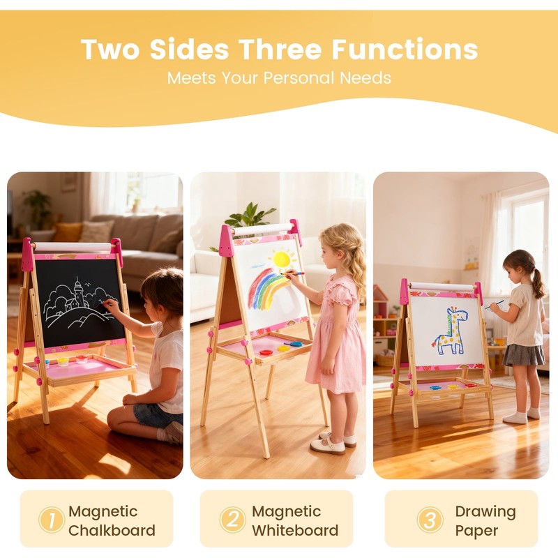 Kids Easel, Double-Sided Magnet Whiteboard & Chalkboard with Paper Roll, Storage6