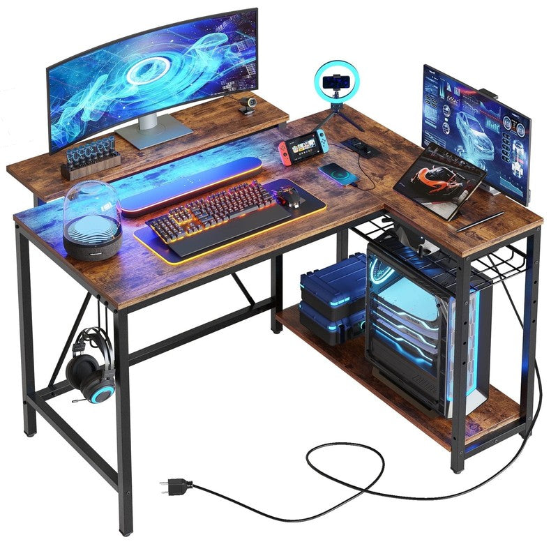 42" L-Shaped Computer Desk LED with Power Outlets & Monitor Stand Rustic8
