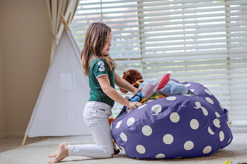 Kids Stuffed Animal Storage Bean Bag Cover XL Cotton Canvas Navy Dot6