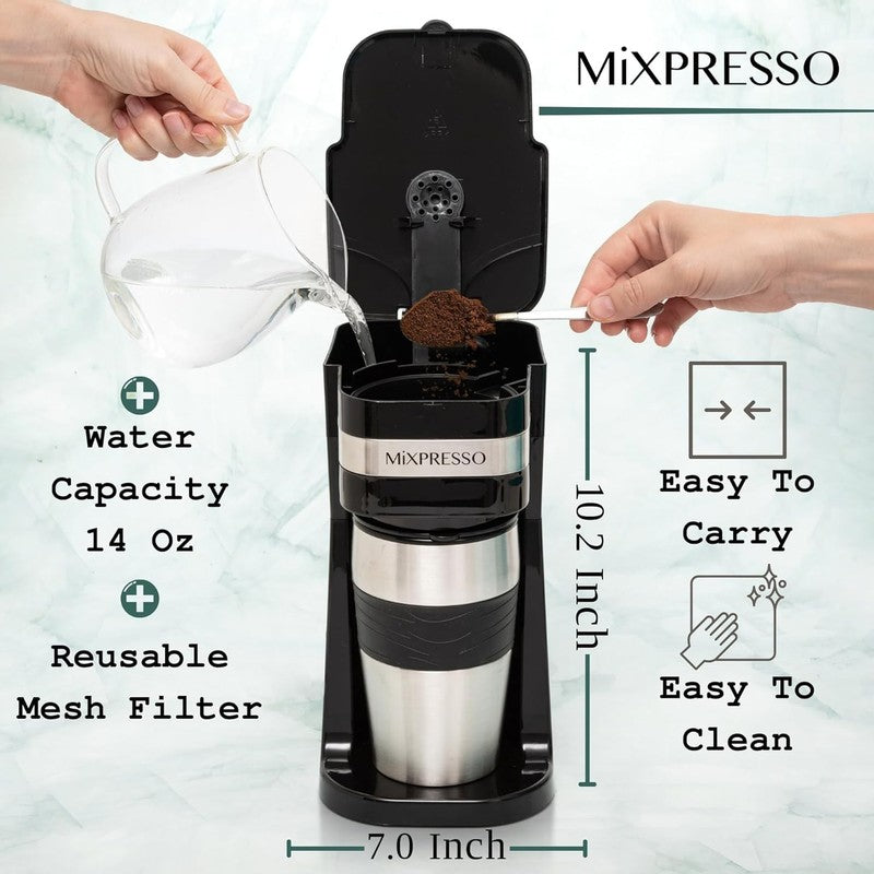 Compact Black Single Serve Coffee Maker with 14Oz Travel Mug & Auto Shut Off2