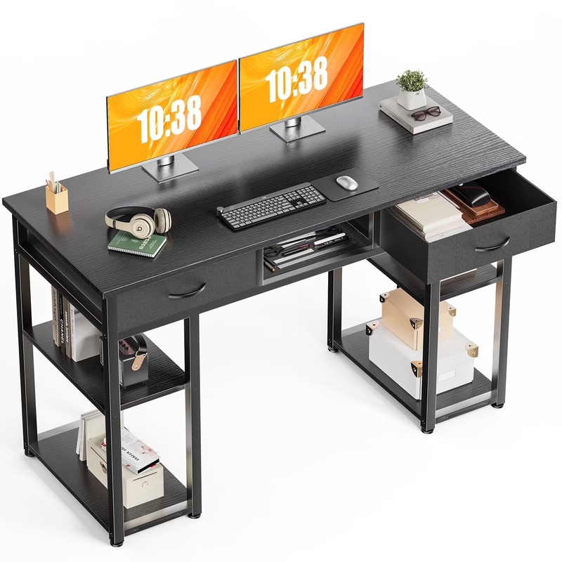 48" Small Desk w/ Fabric Drawers & Shelves Computer/Writing Desk Black5