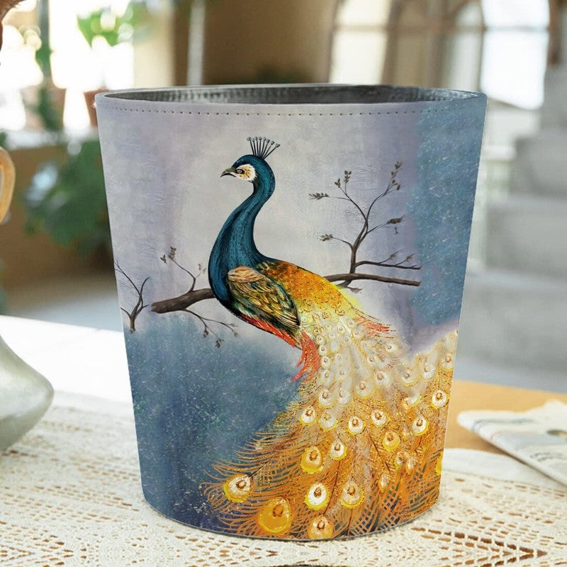 10L PU Leather Trash Can, Waterproof, Decorative Waste Basket, Peacock-6 Design1