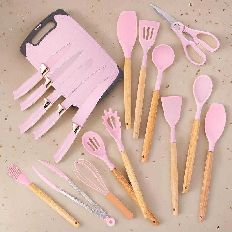 19 Piece Silicone Kitchen Utensil & Knife Set Heat Resistant Pink Gift3