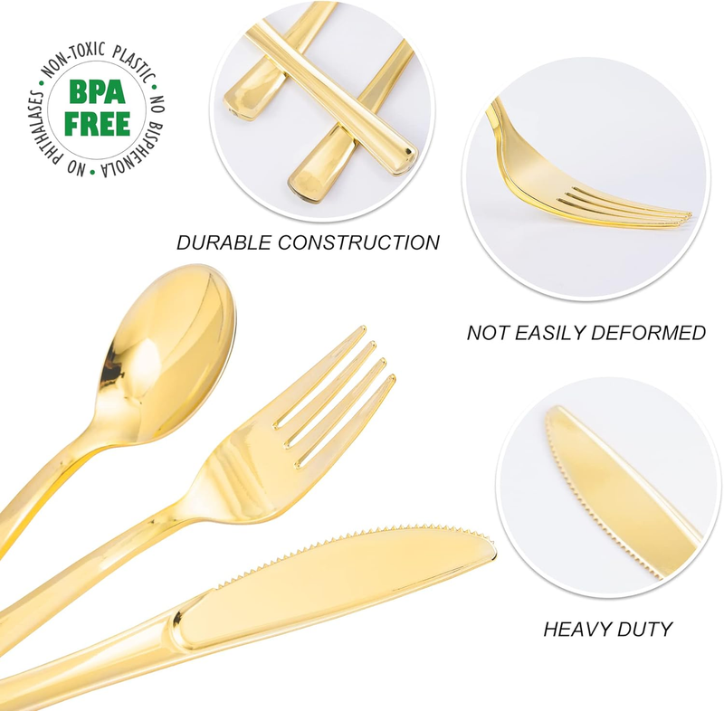 300 Pc Gold Plastic Silverware Set 100 Forks Spoons Knives Disposable Party4