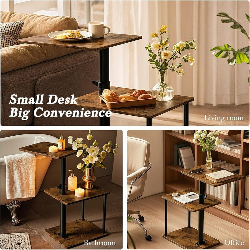 360° Swivel C Side Table 3-Tier Nightstand with Shelf Rustic Brown4