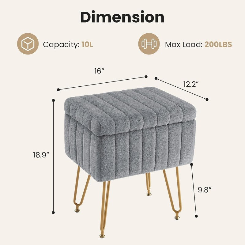 Vanity Stool Ottoman with Storage Faux Fur Seat Footrest Chair 4 Metal Legs Gray2