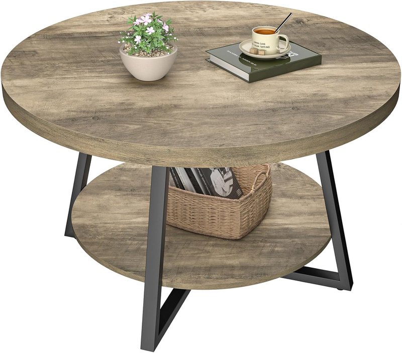 Round Coffee Table with Storage 30in Modern Center Table Grey Wash9