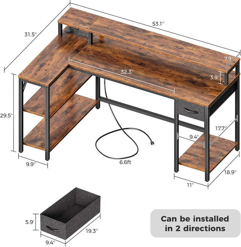 53'' Reversible L Shaped Desk LED Lights Power Outlets Gaming Rustic6