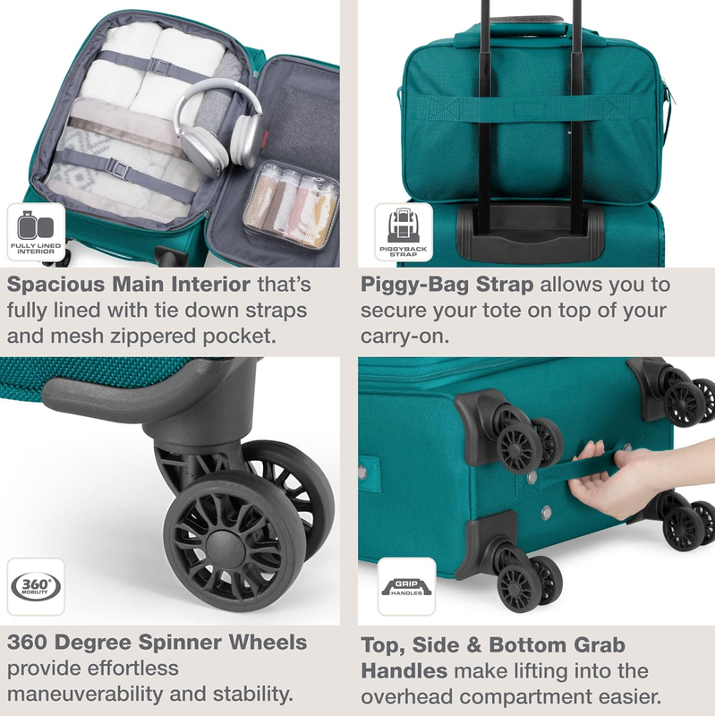Rio Carry On Suitcase Lightweight Softside 4 Wheel Spinner Set Teal4
