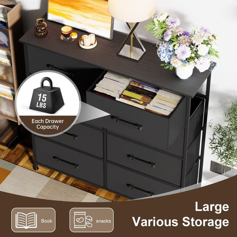 8 Drawer Fabric Dresser with Metal Frame & Wooden Top – Black1