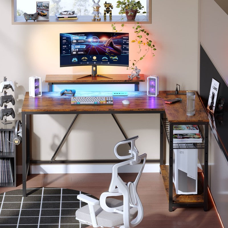 52" L-Shaped Computer Desk LED with Power Outlet & Monitor Stand Rustic0