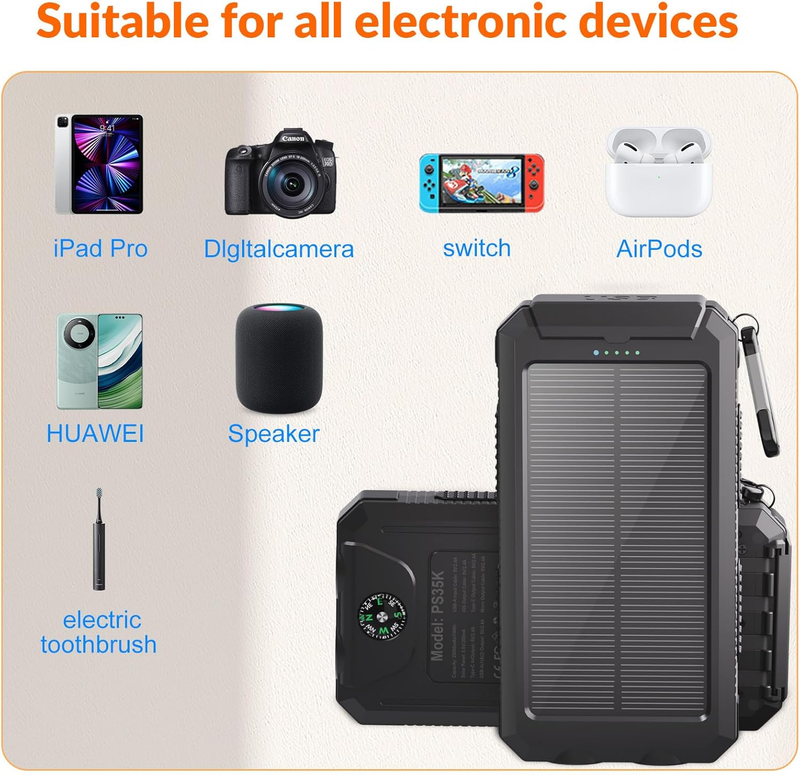 20000mAh Solar Power Bank 4 Cables USB-C Waterproof Dual Flashlight Camping5