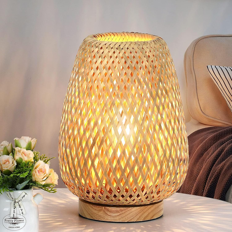 Rattan Table Lamp Dimmable Small Bedside Wicker Nightstand Wooden LED7