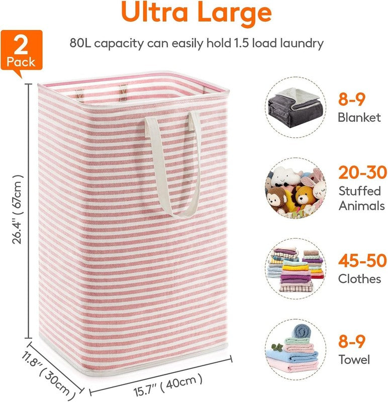2 Pack 80L Laundry Hampers, Large Collapsible Clothes Baskets, Pink3