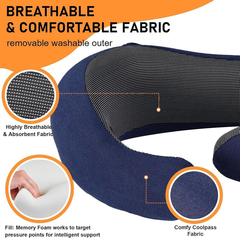 Hooded Memory Foam Travel Neck Pillow w/ Eye Mask & Earplugs – Navy Blue3