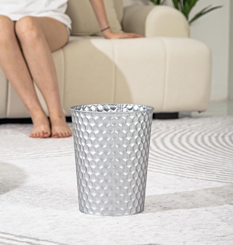 Small Metal Trash Can, Honeycomb Design, Decorative Waste Basket, Silver5