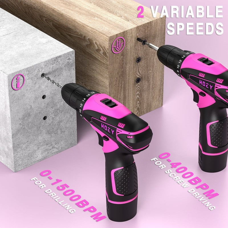 Pink 12V Cordless Drill Set Electric Screwdriver 1 Battery & Charger w/ Bag6