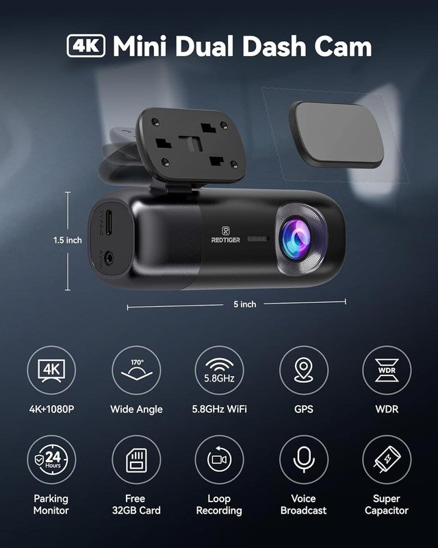 F9 4K Front & 1080P Rear Dash Cam WiFi GPS 32GB Card Night Vision Parking Mode1